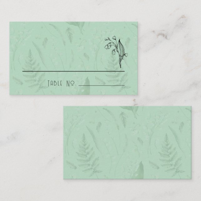 Carte De Placement Lily de Vallée avec des fougères || Vert doux (Devant / Derrière)