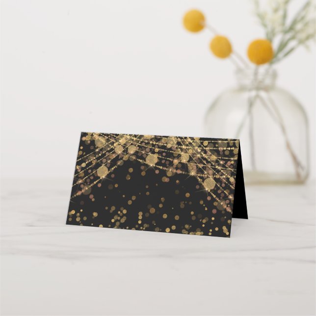 Carte De Placement Lumières de chaîne de paillettes d'or noir Bokeh  (Devant)