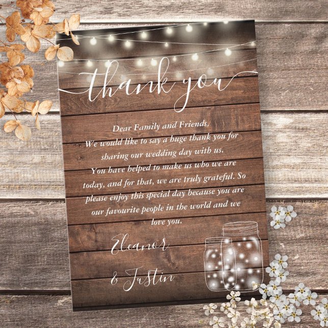 Carte De Placement Lumières de Chaîne en Bois Rustique Mariage Merci (Rustic Wood String Lights Wedding Thank You Place Card)