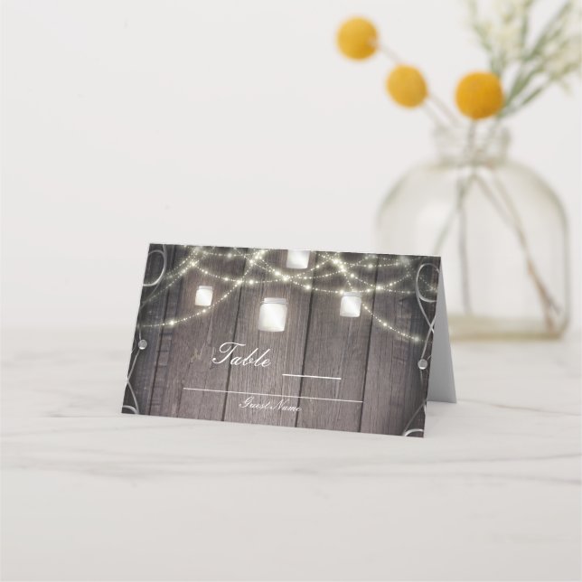 Carte De Placement Lumières en bois rustique et table de mariage en p (Dos)