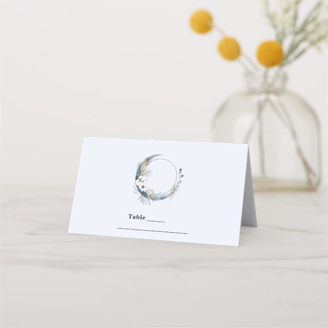 Carte De Placement Lune de croissant bleu avec fleurs blanches (Devant)