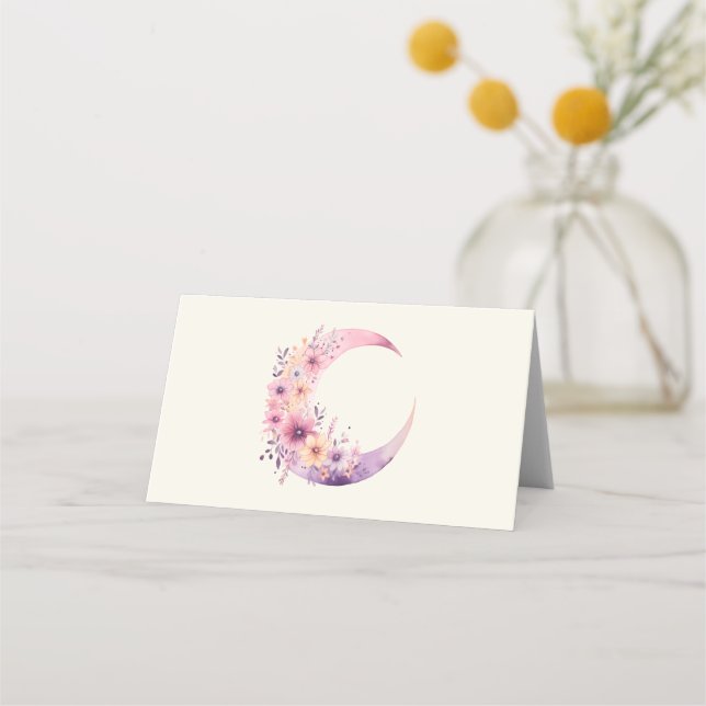 Carte De Placement Lune rose Croissant avec de jolies fleurs (Devant)