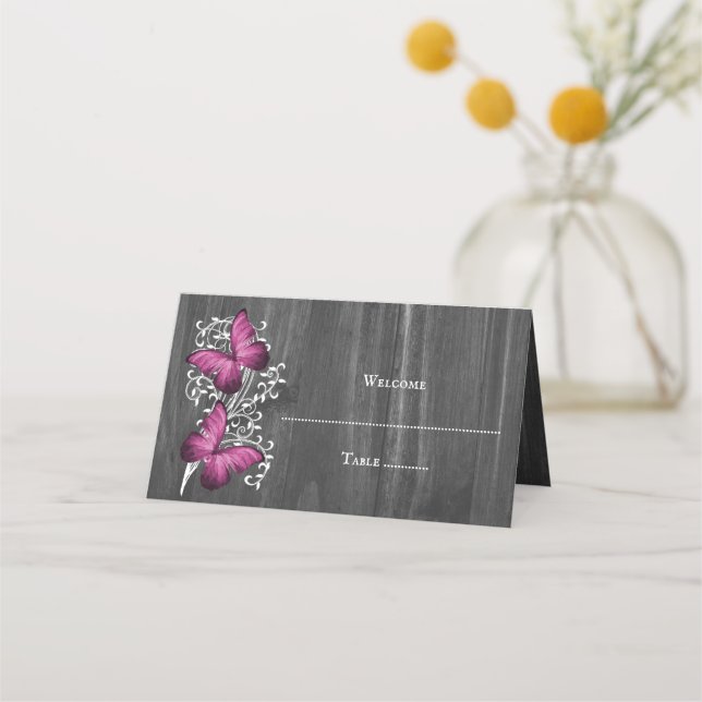 Carte De Placement Magenta Rustic Butterfly Reception Carte du lieu (Devant)