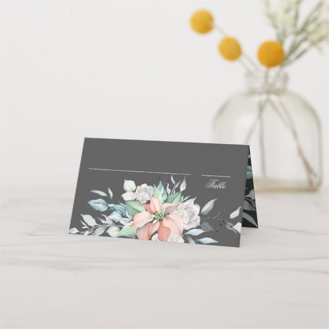 Carte De Placement Magie de Noël | Gris | Mariage Poinsettia (Devant)