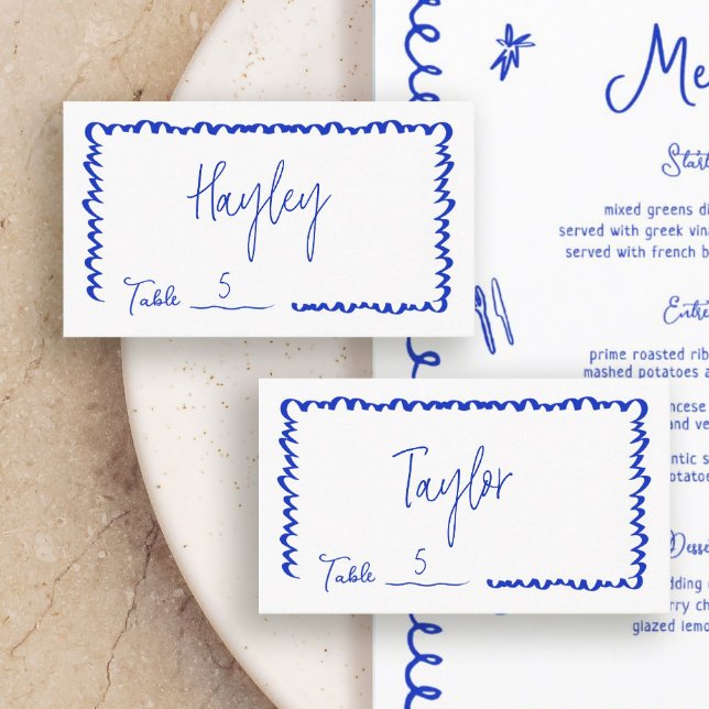 Carte De Placement Main dessinée Whimsical Fun Blue Mariage table pla (Créateur téléchargé)