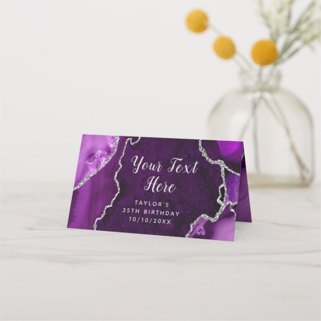 Carte De Placement Marbre d'agate pourpre et argent Anniversaire (Devant)