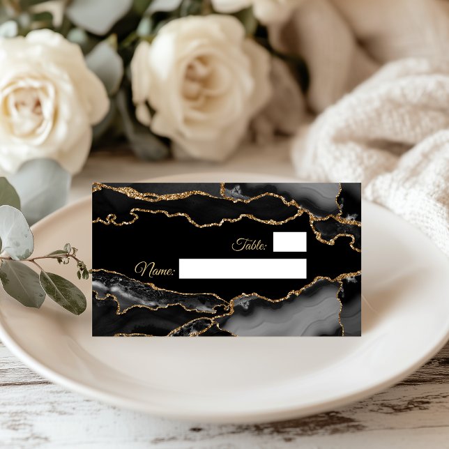 Carte De Placement Marbre Moderne Bleu et Or Agate (Modern Black and Gold Agate Marble Place Card)