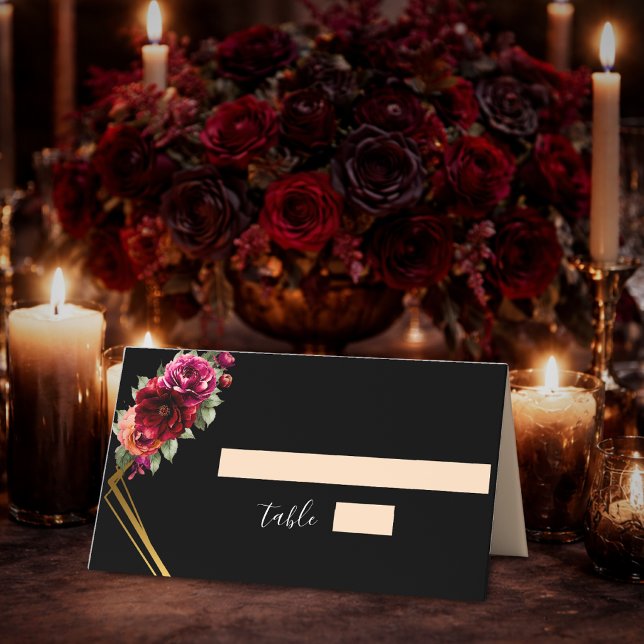 Carte De Placement Mariage à fleurs noir rouge chic (Créateur téléchargé)