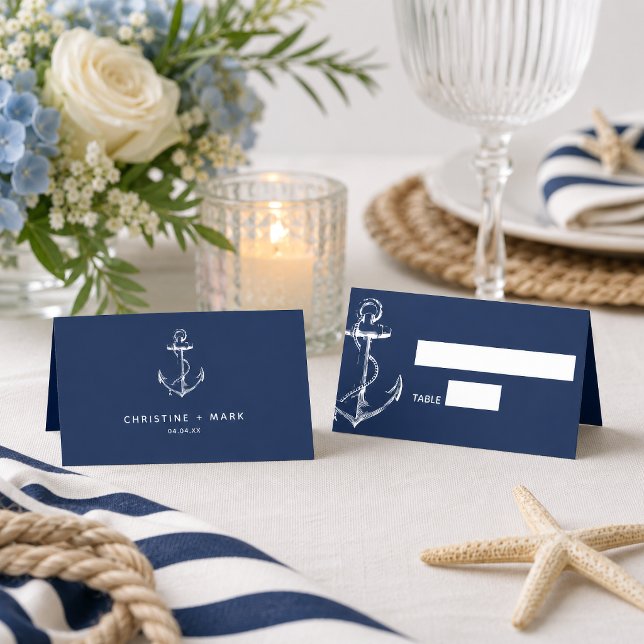 Carte De Placement Mariage à l'ancre nautique Navy (Dress your reception up with these nautical anchor place cards.
)