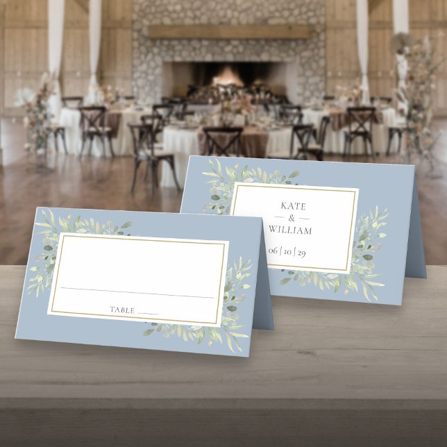 Carte De Placement Mariage à l'aquarelle de verdure bleu poussiéreux (Watercolor Greenery Dusty Blue Wedding Place Card)