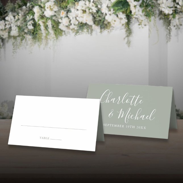 Carte De Placement Mariage à l'écriture cursive verte sauge (Sage Green Signature Script Wedding Place Card)