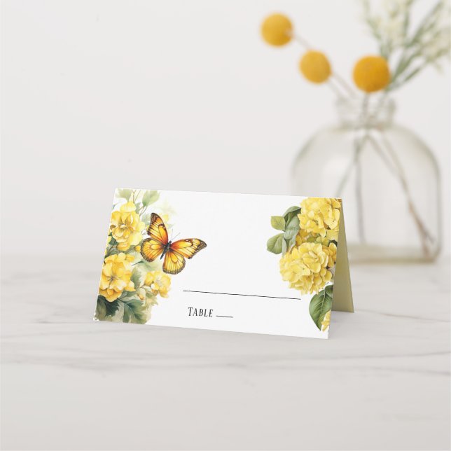 Carte De Placement Mariage à papillon jaune chic Hydrangea (Devant)