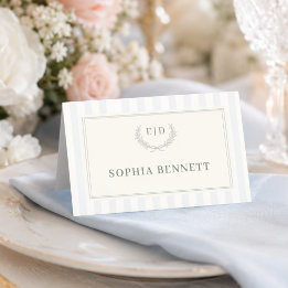Carte De Placement Mariage à rayures bleu et sauge avec monogramme