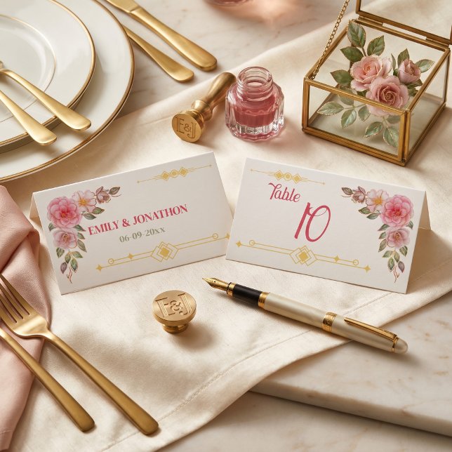Carte De Placement Mariage aquarelle florale dorée  (Golden Floral Watercolor Wedding Place Card)