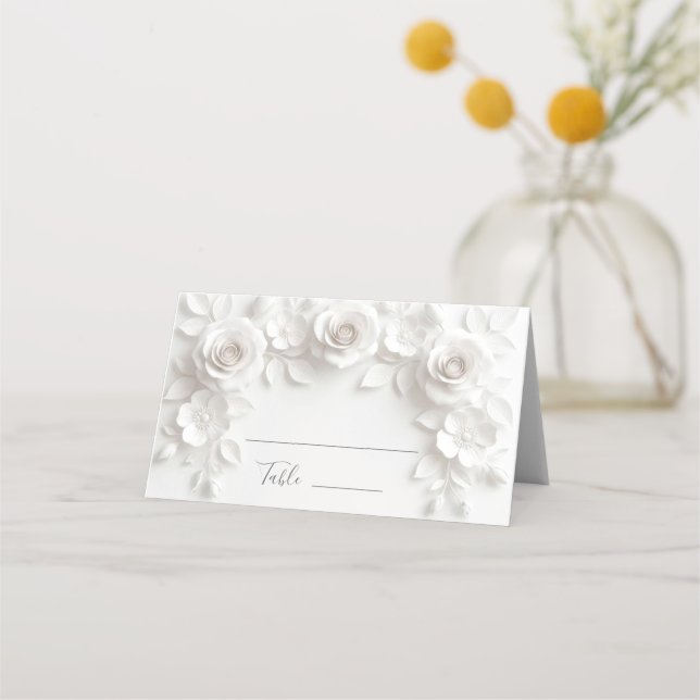 Carte De Placement Mariage arcbouté de fleurs 3D blanches (Devant)