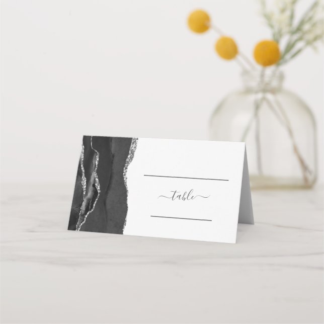 Carte De Placement Mariage argenté noir chic (Devant)