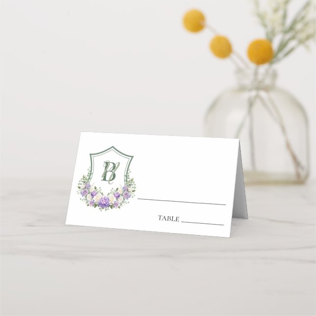 Carte De Placement Mariage au blason floral blanc violet (Devant)