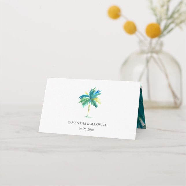 Carte De Placement Mariage au palmier tropical aquarelle (Dos)