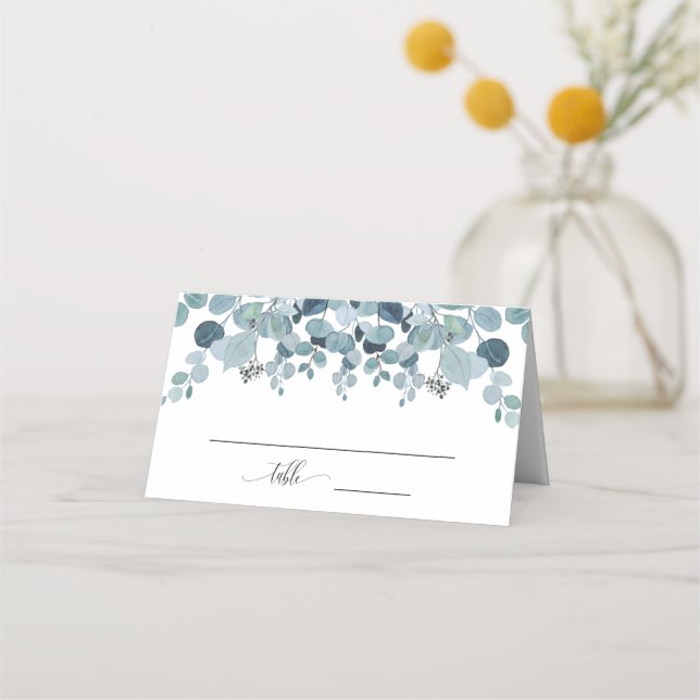 Carte De Placement Mariage au vert de eucalyptus bleu poussiéreux (Devant)