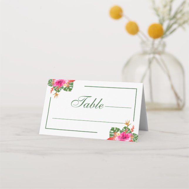 Carte De Placement Mariage aux feuilles de palmier florales d'Hibiscu (Devant)