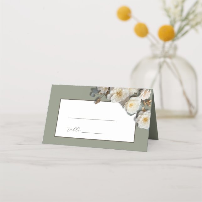 Carte De Placement Mariage aux roses 3D vert sauge (Devant)