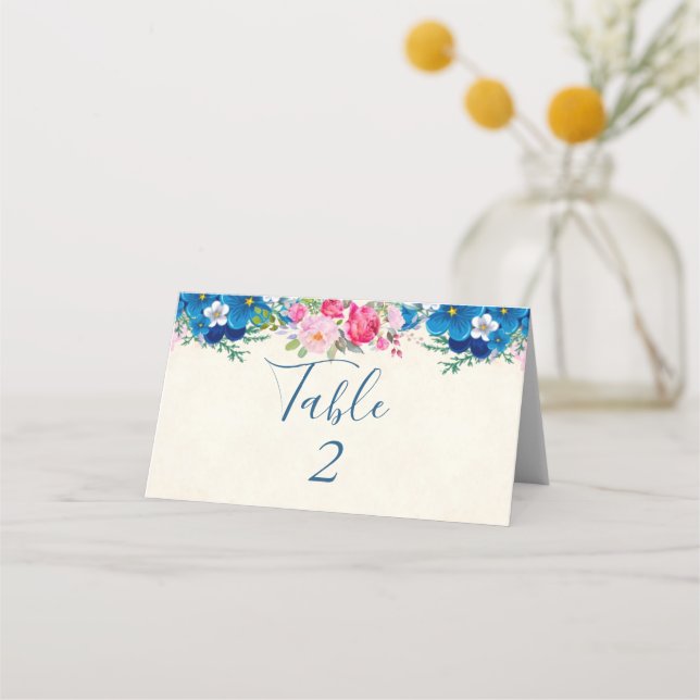 Carte De Placement Mariage avec une bordure de fleurs roses et bleues (Devant)