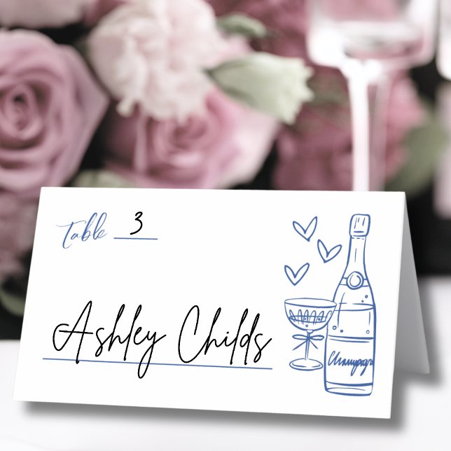 Carte De Placement Mariage blanc à main (Hand Drawn Whimsical Blue Wedding Place Card)