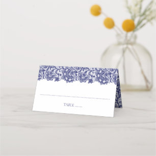 Carte De Placement Mariage blanc élégant en dentelle bleu marine