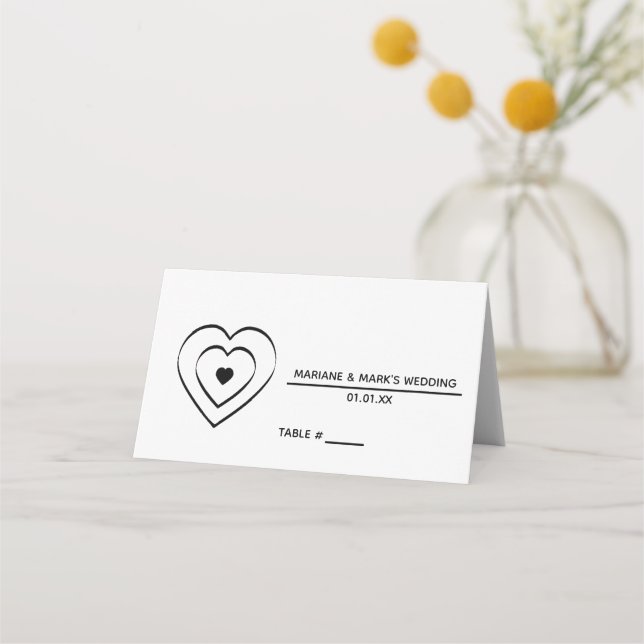 Carte De Placement Mariage blanc triple coeur noir Numéro de table (Devant)