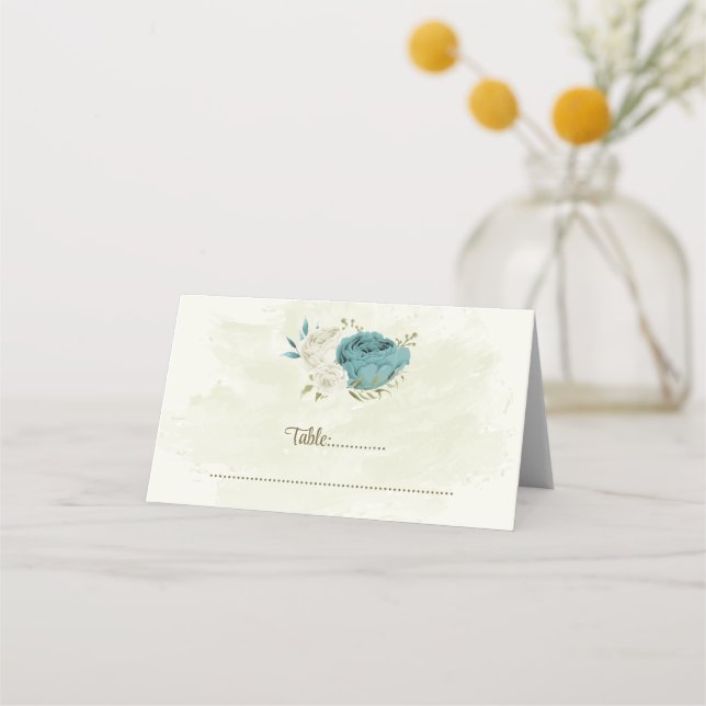 Carte De Placement mariage bleu blanc fleurs verdure (Devant)
