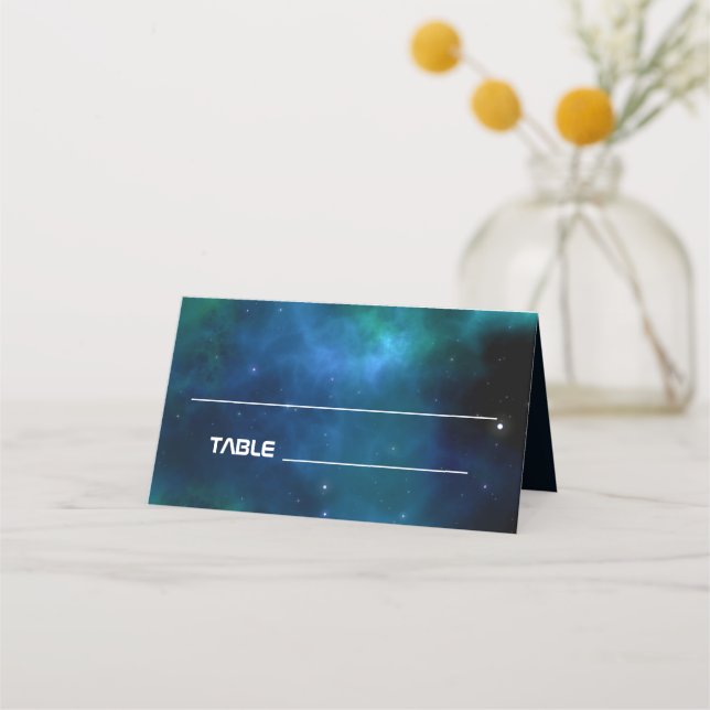 Carte De Placement Mariage bleu foncé et galaxie verte (Devant)