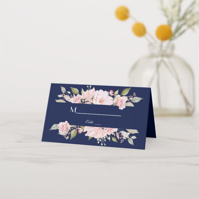 Carte De Placement Mariage bleu marine à fleurs rose pâle (Dos)