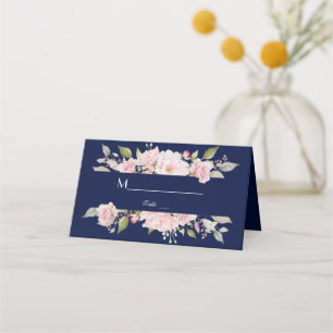 Carte De Placement Mariage bleu marine à fleurs rose pâle