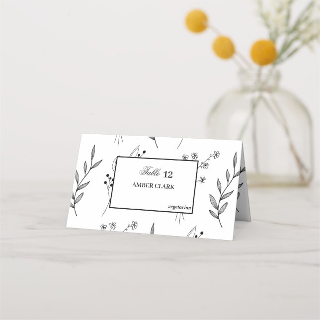 Carte De Placement Mariage Boho floral noir et blanc (Devant)