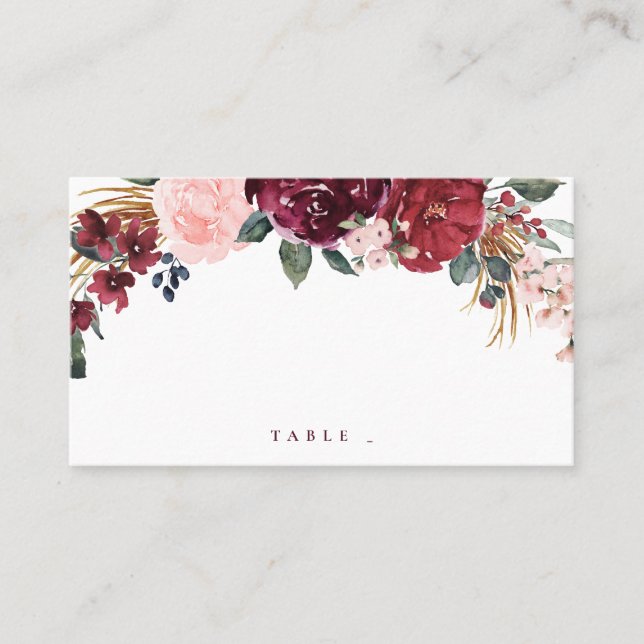 Carte De Placement Mariage boho rustique bordeaux aquarelle (Devant)