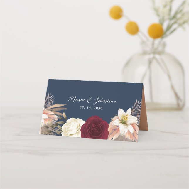 Carte De Placement Mariage Bordeaux et Bleu Marine (Dos)