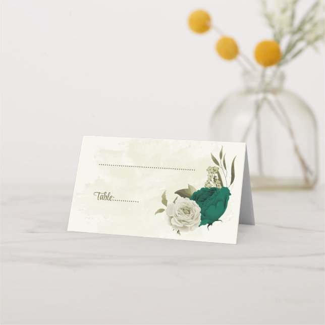 Carte De Placement mariage botanique des fleurs beiges vert émeraude (Devant)
