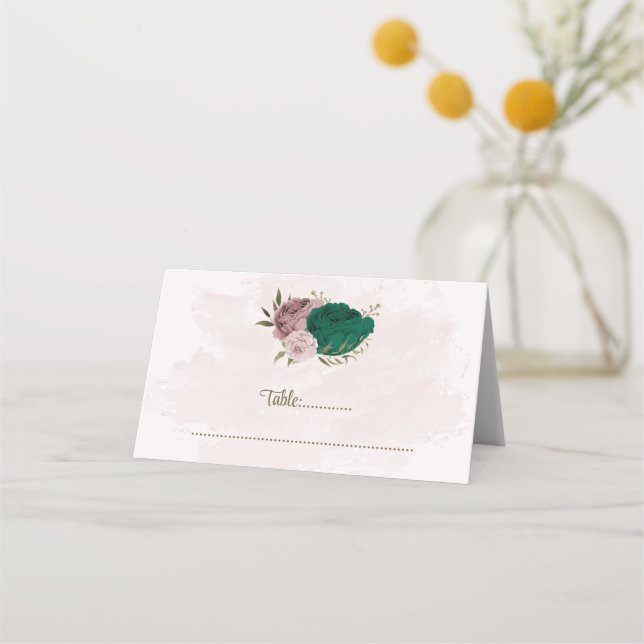 Carte De Placement mariage botanique des fleurs vert émeraude rose (Devant)