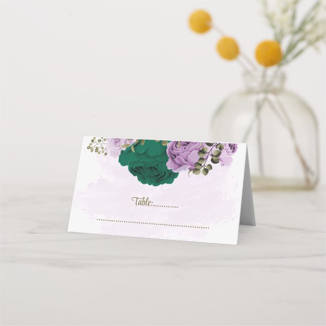 Carte De Placement mariage botanique des fleurs violettes vert émerau (Devant)