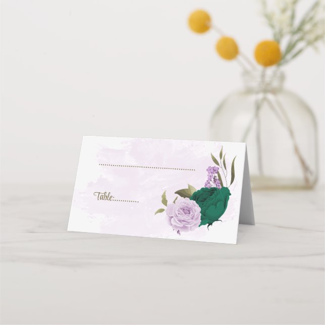 Carte De Placement mariage botanique des fleurs violettes vert émerau (Devant)