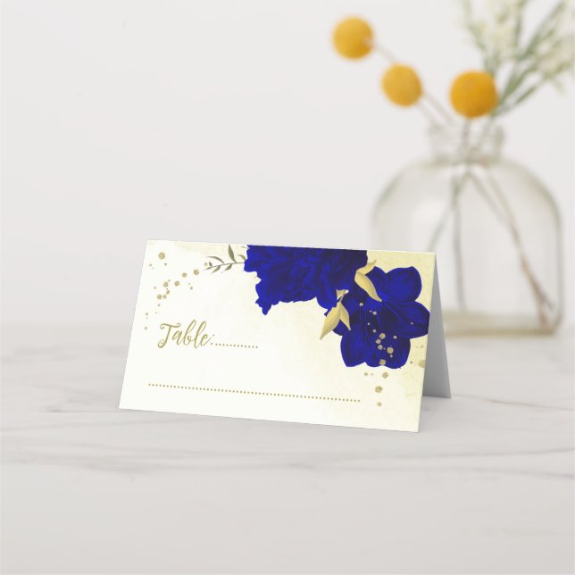 Carte De Placement Mariage botanique d'or des fleurs bleues royales (Devant)