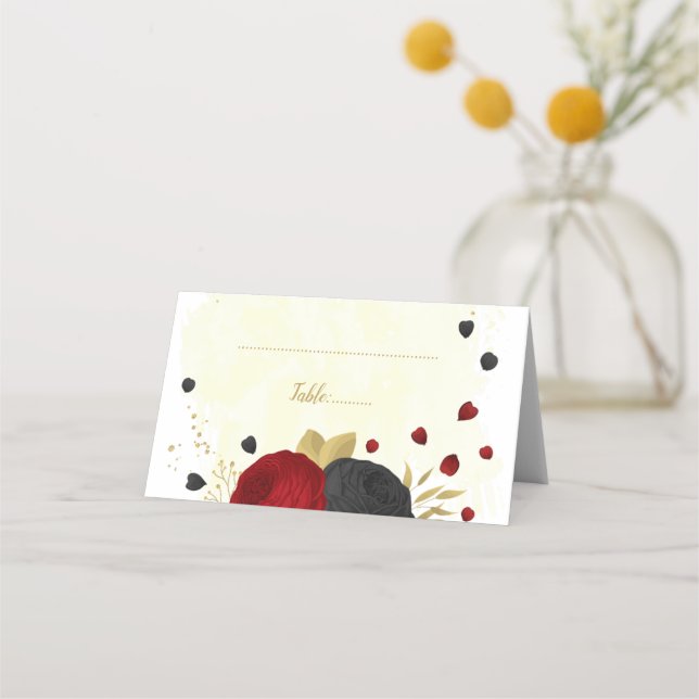 Carte De Placement mariage botanique en or rouge foncé et fleurs noir (Devant)