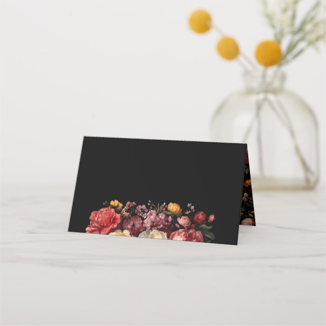Carte De Placement Mariage Botanique Floral Noir Humeur (Devant)