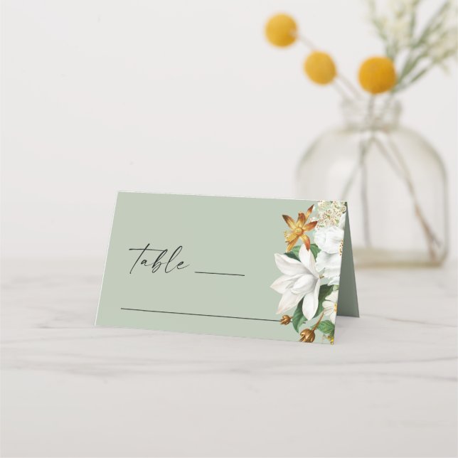 Carte De Placement Mariage Botanique Vert Mousse Pâle | Fleurs Blanch (Devant)
