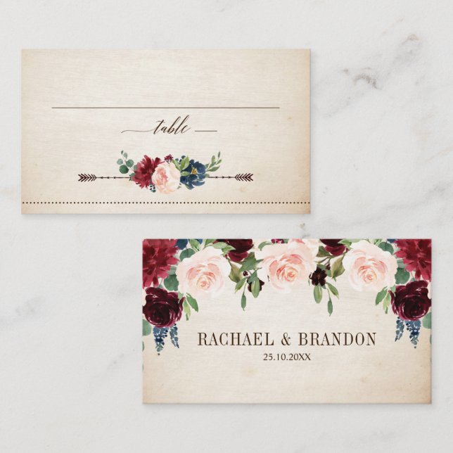 Carte De Placement Mariage campagnard de Boho Rustique Floral de la m (Devant / Derrière)