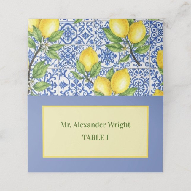 Carte De Placement Mariage Carreau Sicilien & Citron (Extérieur déplié)