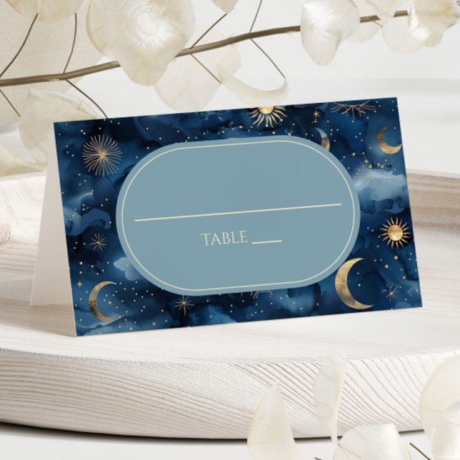 Carte De Placement Mariage Céleste Bleu Or Élégant Ciel Étoilé (Créateur téléchargé)