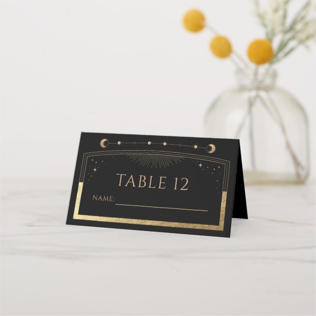 Carte De Placement Mariage Céleste Soleil Lune Étoiles en Or Noir (Devant)