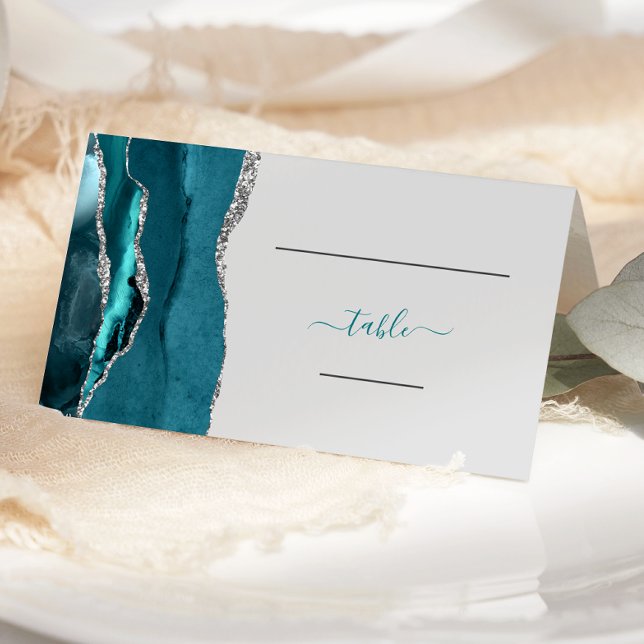 Carte De Placement Mariage chic bleu sarcelle argent agate (Créateur téléchargé)