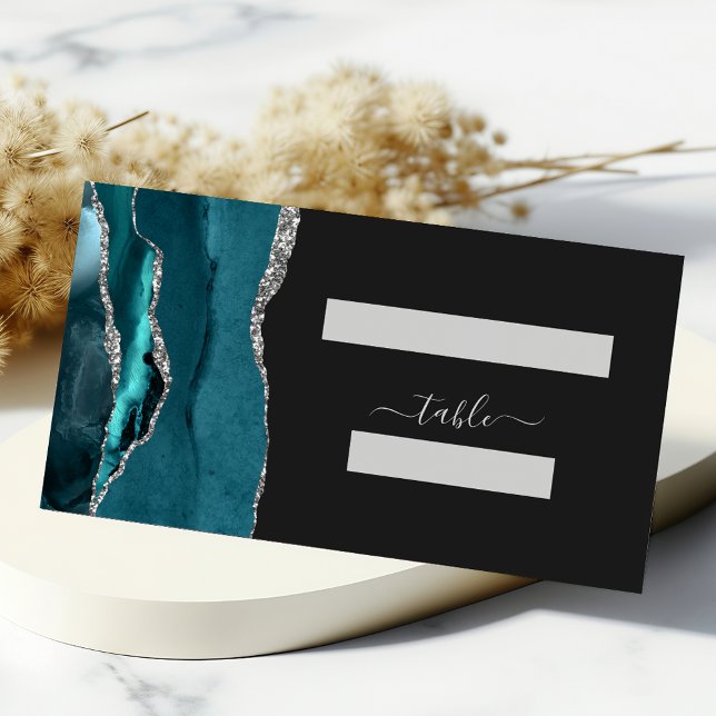 Carte De Placement Mariage chic sarcelle bleu argent agate foncé (Créateur téléchargé)